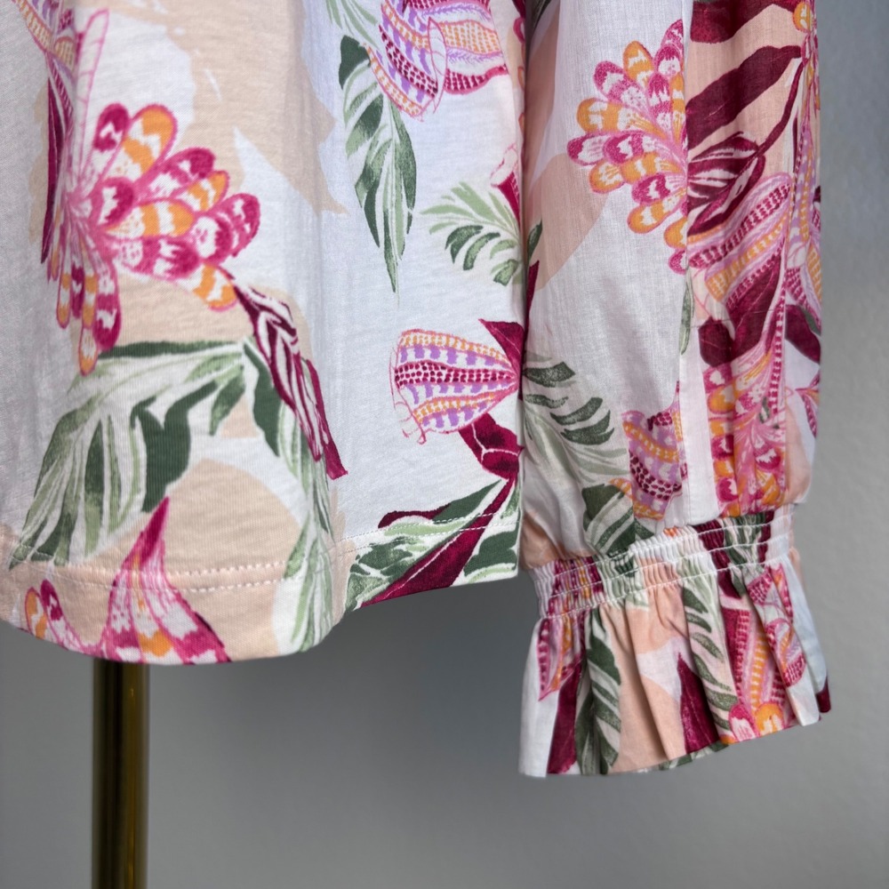 Chicos Pima Cotton Floral Smocked Long Sleeve Tee Size 2 Large Ecru Pink NWT - Picture 14 of 16